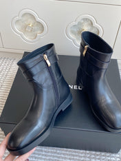 CHANEL 26S SHORT RIDING BOOTS IN BLACK CALFSKIN GOLD TONE CC LOGO BUCKLE STRAP