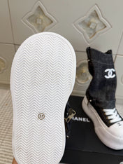 CHANEL 26S HIGH TOP PLATFORM SNEAKER BOOTS IN GREY DENIM