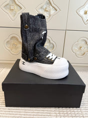 CHANEL 26S HIGH TOP PLATFORM SNEAKER BOOTS IN GREY DENIM