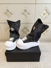CHANEL 26S HIGH TOP PLATFORM SNEAKER BOOTS IN GREY DENIM