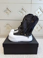 CHANEL 26S HIGH TOP PLATFORM SNEAKER BOOTS IN GREY DENIM