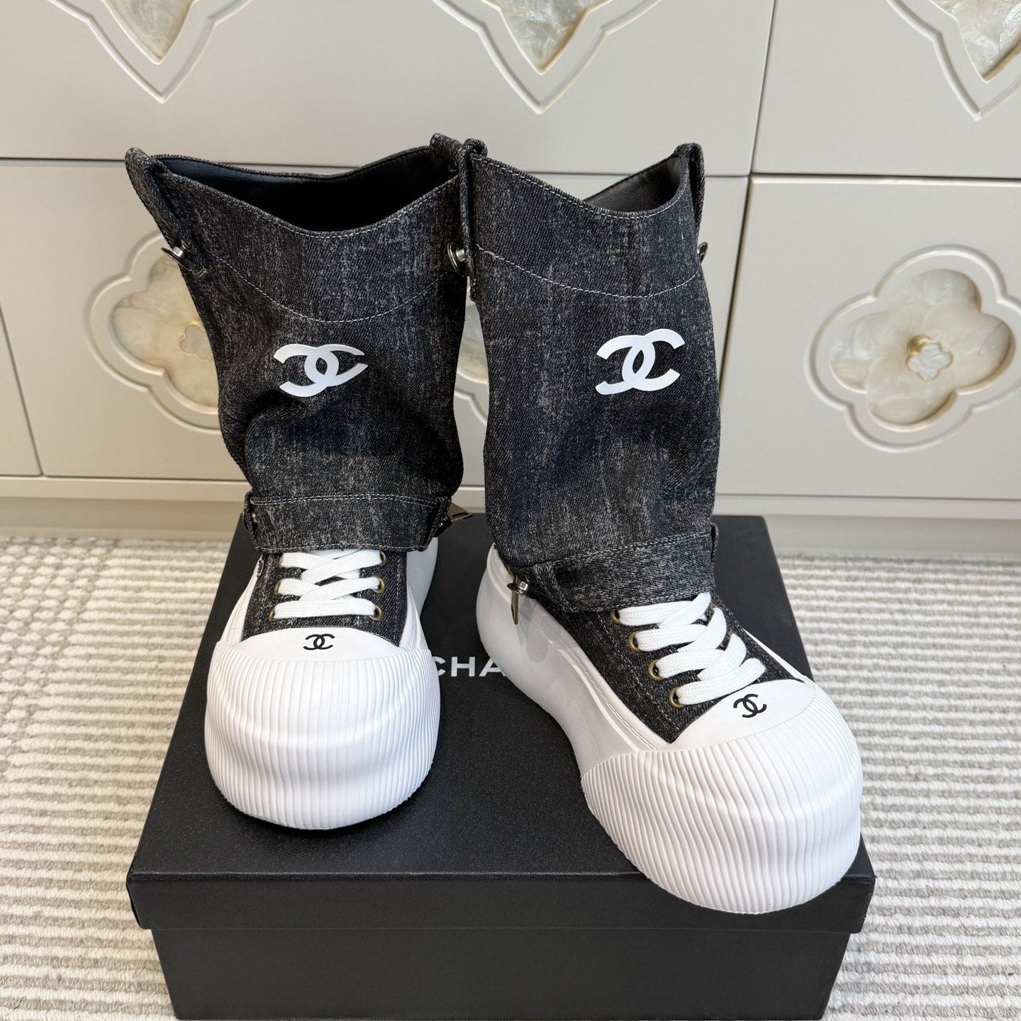 CHANEL 26S HIGH TOP PLATFORM SNEAKER BOOTS IN GREY DENIM