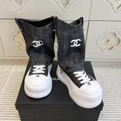 CHANEL 26S HIGH TOP PLATFORM SNEAKER BOOTS IN GREY DENIM