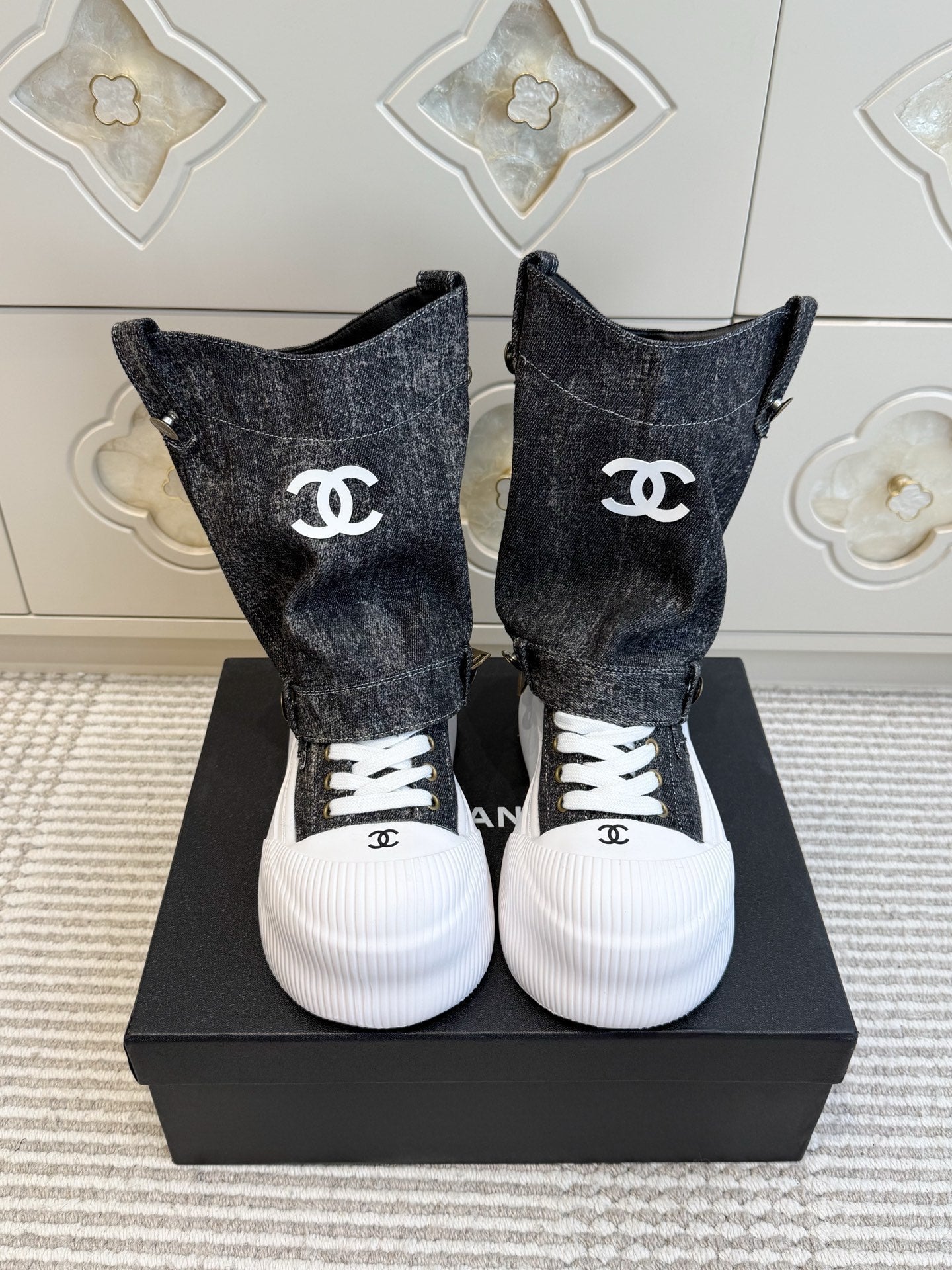 CHANEL 26S HIGH TOP PLATFORM SNEAKER BOOTS IN GREY DENIM