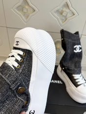 CHANEL 26S HIGH TOP PLATFORM SNEAKER BOOTS IN GREY DENIM
