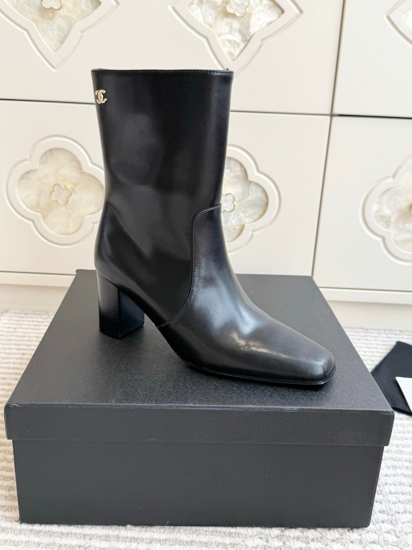 CHANEL 26S HIGH HEEL ANKLE BOOTS 70 MM IN BLACK CALFSKIN SQUARE TOE