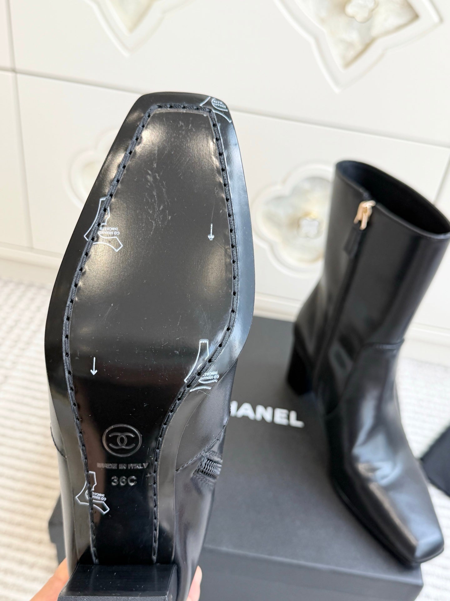 CHANEL 26S HIGH HEEL ANKLE BOOTS 70 MM IN BLACK CALFSKIN SQUARE TOE