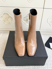 CHANEL 26S HIGH HEEL ANKLE BOOTS 70 MM IN BEIGE CALFSKIN SQUARE TOE