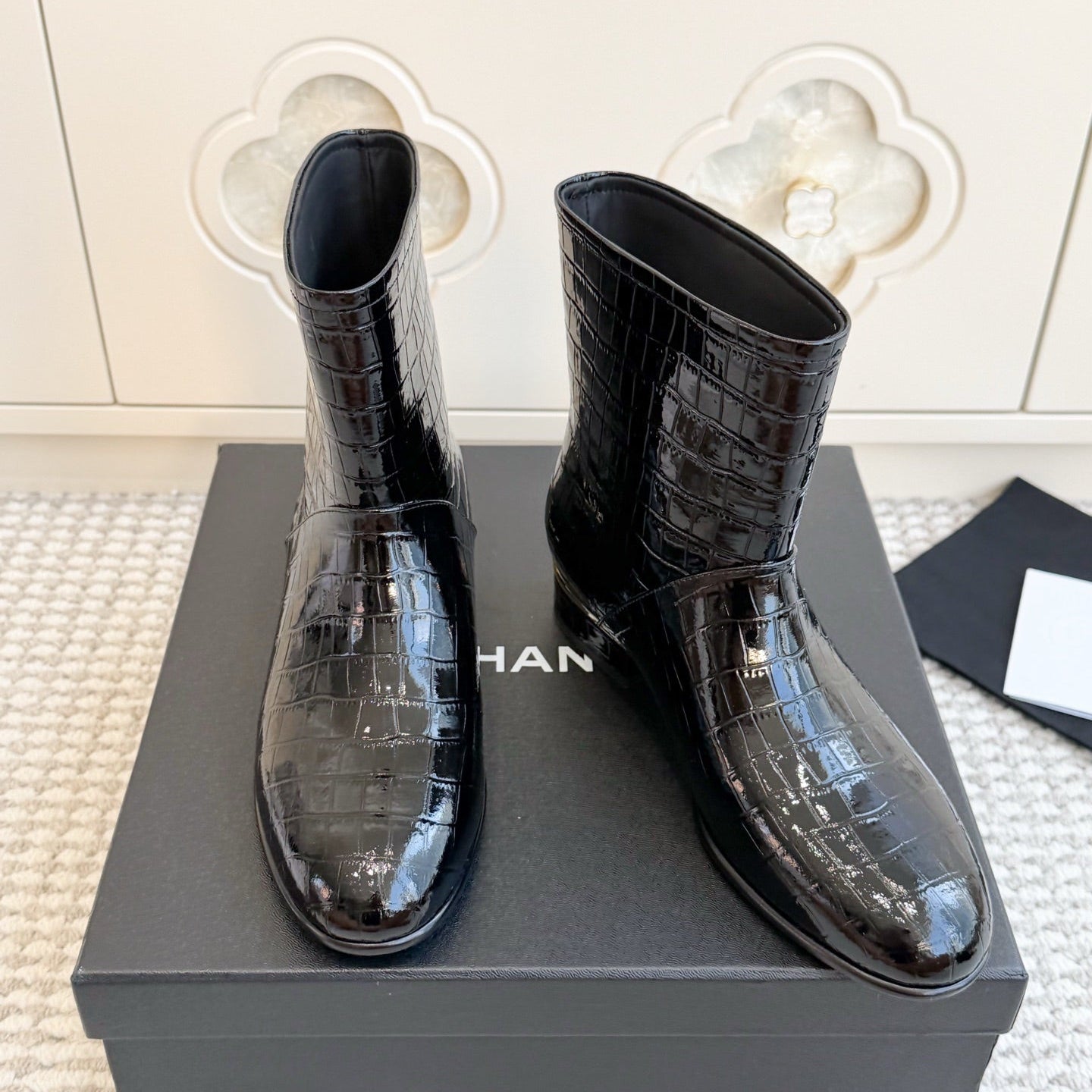 CHANEL 26S SHORT BOOTS IN BLACK PATENT CROCODILE EMBOSSED