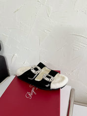SLIDY VIV’ FUR STRASS BUCKLE MULES IN BLACK SUEDE AND CREAM SHEARLING INSOLE