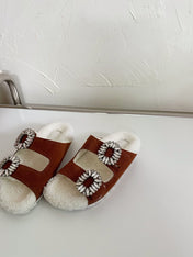 SLIDY VIV’ FUR STRASS BUCKLE MULES IN BROWN SUEDE AND CREAM SHEARLING INSOLE