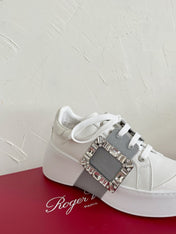 VIV' SKATE SNEAKERS IN WHITE CALFSKIN SILVER GLITTER STRAP AND CRYSTAL BUCKLE
