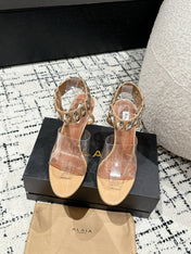 ALAIA HIGH SANDAL IN BEIGE CALFSKN AND FILM WITH CRYSTAL