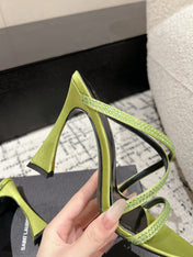 HIGH CRYSTAL STRAP SANDALS IN PEAR GREEN SILK
