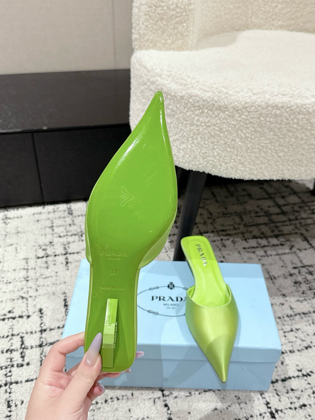 PRADA 25S POINTED-TOE MULES IN LIME GREEN SATIN