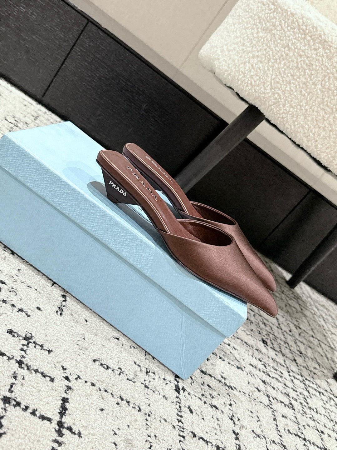 PRADA 25S POINTED-TOE MULES IN DARK BROWN SATIN