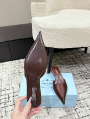 PRADA 25S POINTED-TOE MULES IN DARK BROWN SATIN