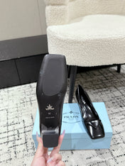 PRADA 25S SQUARE TOE HIGH HEELS IN BLACK PATENT CALFSKIN