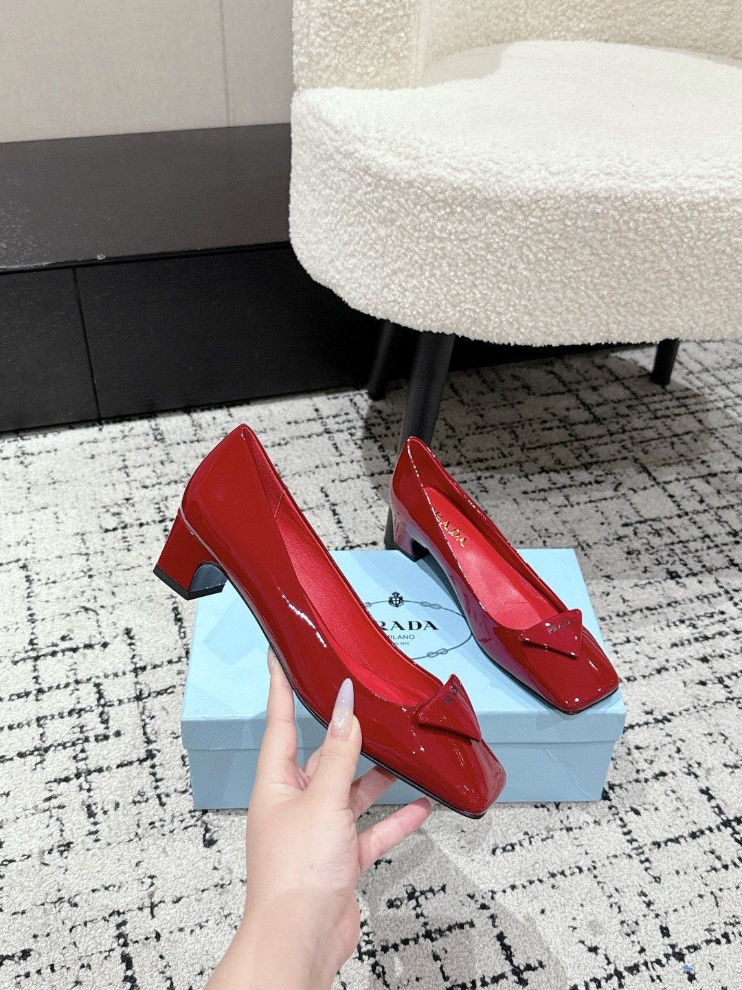 PRADA 25S SQUARE TOE HIGH HEELS IN DARK RED GLOSSY CALFSKIN