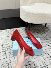 PRADA 25S SQUARE TOE HIGH HEELS IN DARK RED GLOSSY CALFSKIN