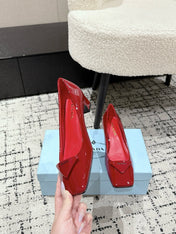 PRADA 25S SQUARE TOE HIGH HEELS IN DARK RED GLOSSY CALFSKIN