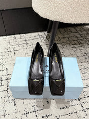 PRADA 25S SQUARE TOE HIGH HEELS IN BLACK GLOSSY CALFSKIN