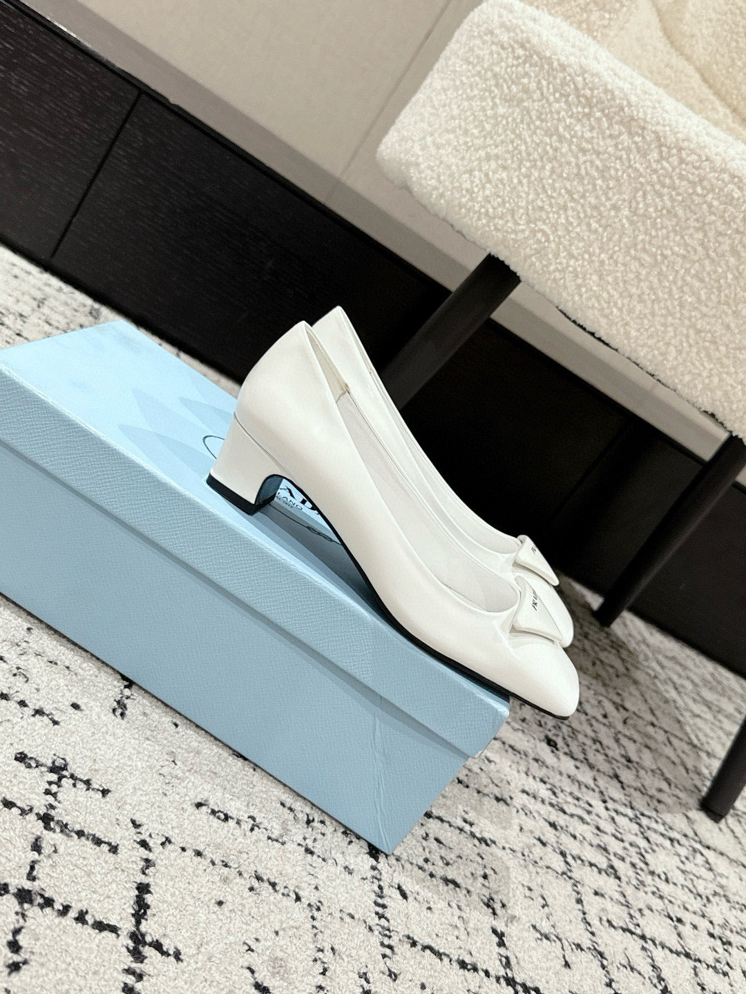 PRADA 25S SQUARE TOE HIGH HEELS IN WHITE PATENT CALFSKIN