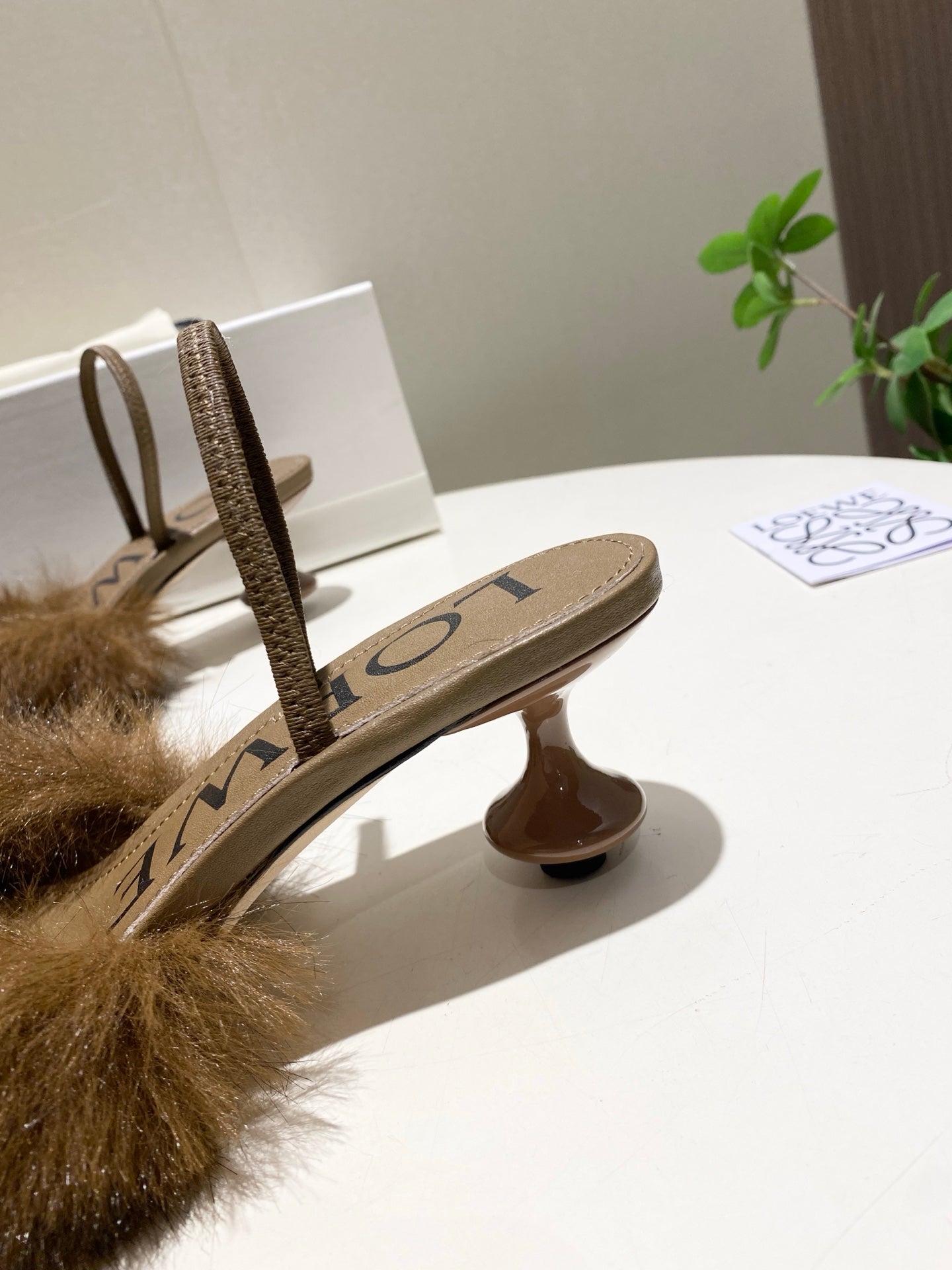 LOEWE 26S OPEN-BACK HIGH HEELS 60MM IN DARK BROWN CALFSKIN WITH FUR