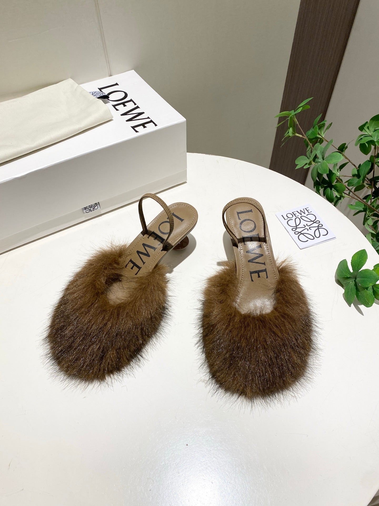 LOEWE 26S OPEN-BACK HIGH HEELS 60MM IN DARK BROWN CALFSKIN WITH FUR