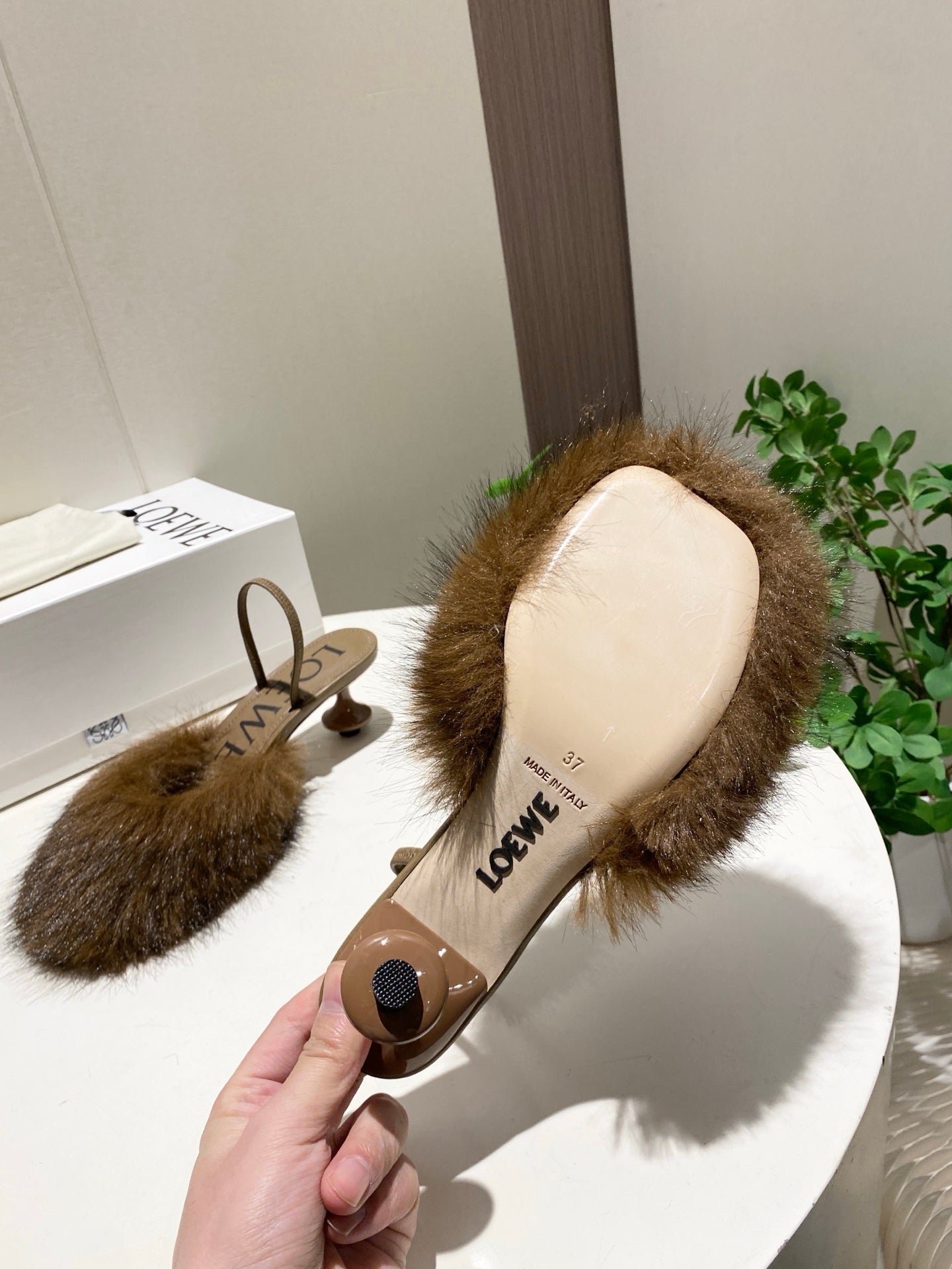 LOEWE 26S OPEN-BACK HIGH HEELS 60MM IN DARK BROWN CALFSKIN WITH FUR