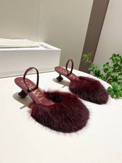 LOEWE 26S OPEN-BACK HIGH HEELS 60MM IN WINE RED CALFSKIN WITH FUR