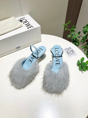 LOEWE 26S OPEN-BACK HIGH HEELS 60MM IN LIGHT BLUE CALFSKIN WITH FUR