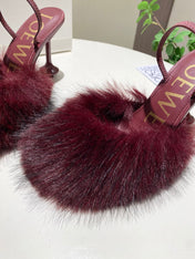 LOEWE 26S OPEN-BACK HIGH HEELS 100MM IN WINE RED CALFSKIN WITH FUR