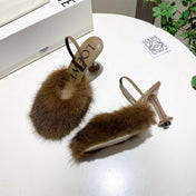 LOEWE 26S OPEN-BACK HIGH HEELS 100MM IN DARK BROWN CALFSKIN WITH FUR