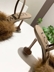 LOEWE 26S OPEN-BACK HIGH HEELS 100MM IN DARK BROWN CALFSKIN WITH FUR