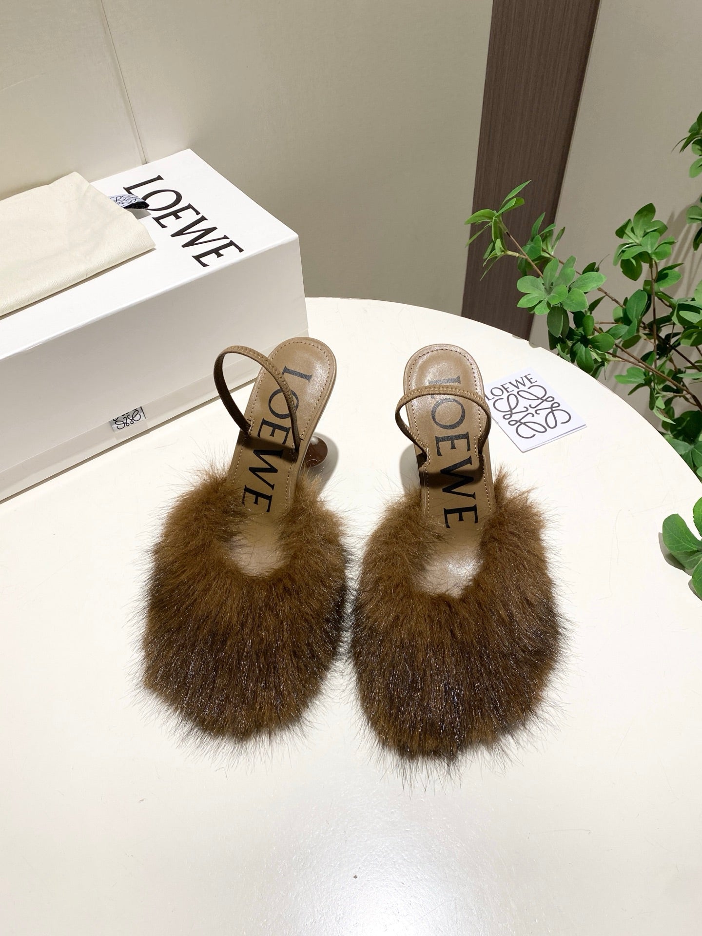 LOEWE 26S OPEN-BACK HIGH HEELS 100MM IN DARK BROWN CALFSKIN WITH FUR