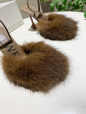 LOEWE 26S OPEN-BACK HIGH HEELS 100MM IN DARK BROWN CALFSKIN WITH FUR