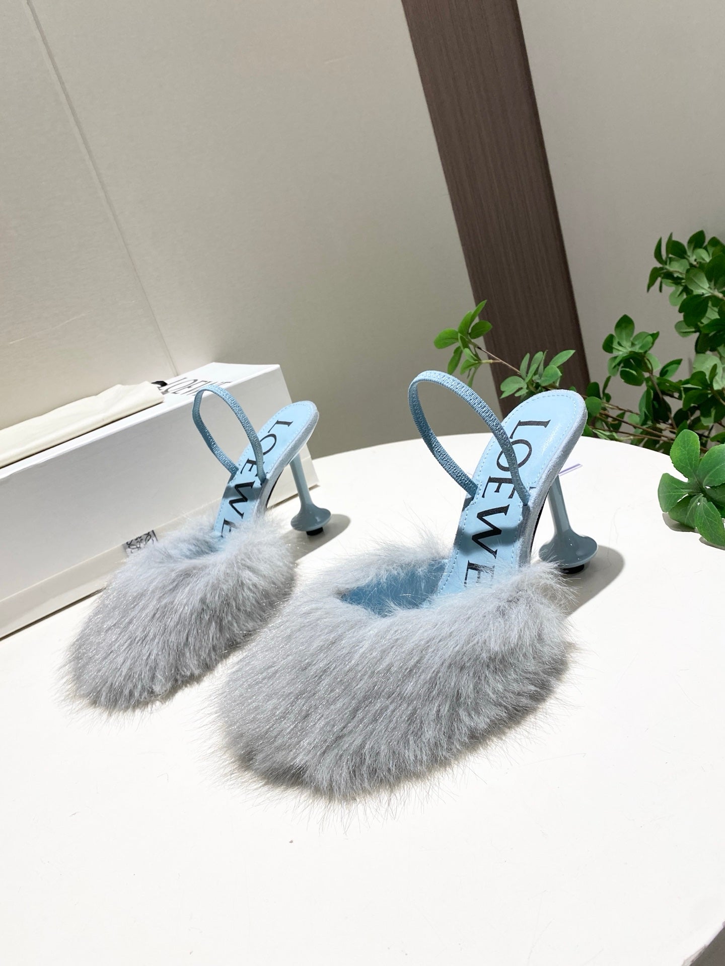 LOEWE 26S OPEN-BACK HIGH HEELS 100MM IN LIGHT BLUE CALFSKIN WITH FUR