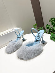 LOEWE 26S OPEN-BACK HIGH HEELS 100MM IN LIGHT BLUE CALFSKIN WITH FUR