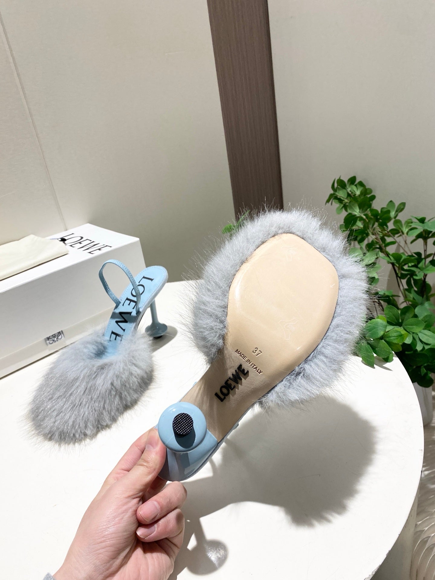 LOEWE 26S OPEN-BACK HIGH HEELS 100MM IN LIGHT BLUE CALFSKIN WITH FUR