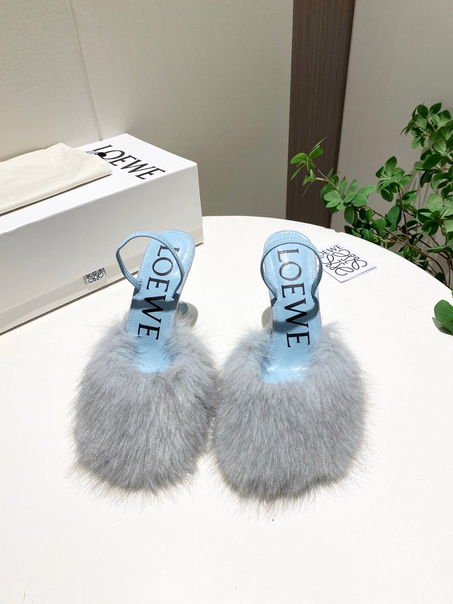 LOEWE 26S OPEN-BACK HIGH HEELS 100MM IN LIGHT BLUE CALFSKIN WITH FUR