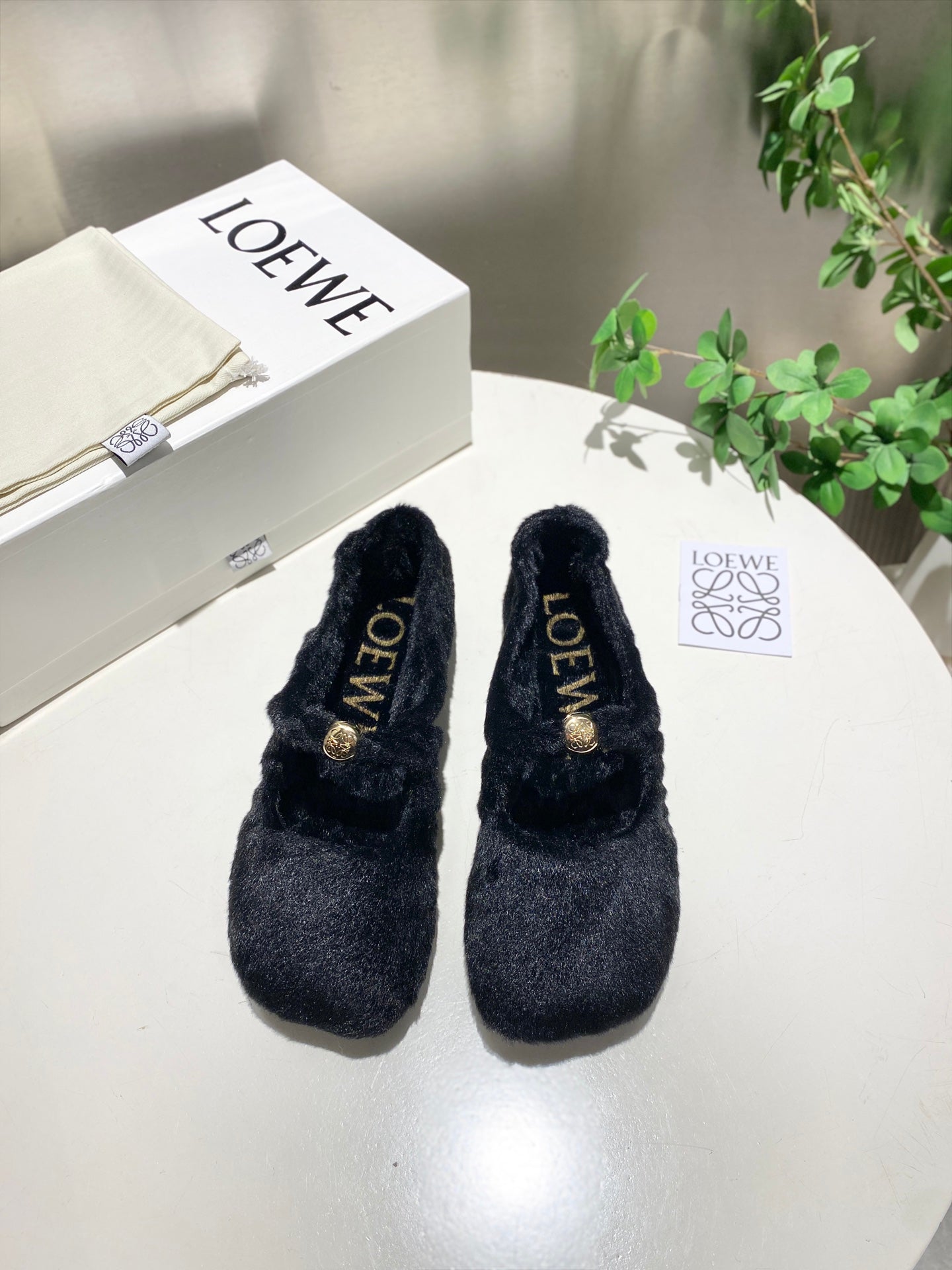 LOEWE 26S BALLET FLATS IN BLACK SHEARLING