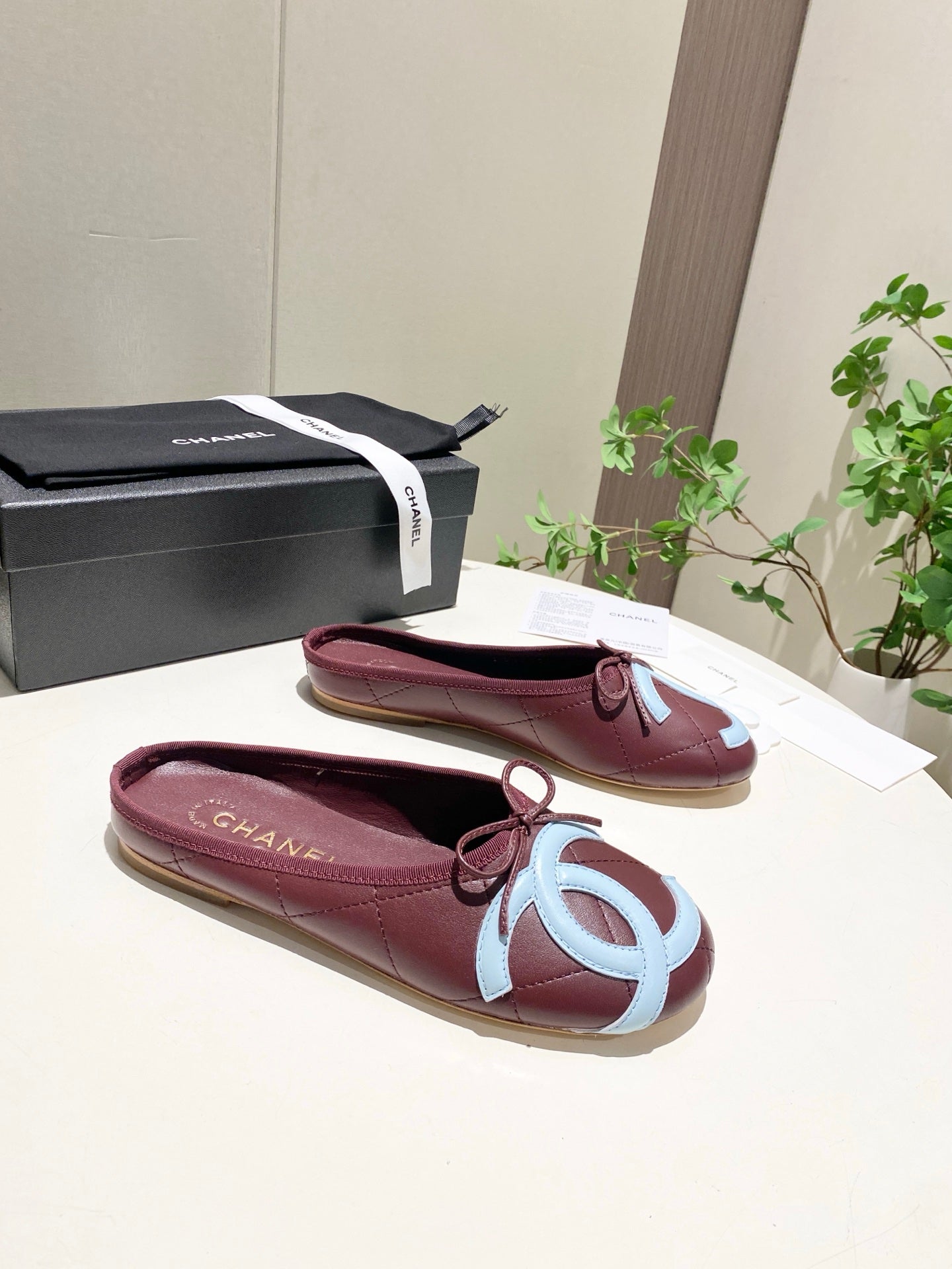 CHANEL 26S FLAT MULES IN DARK RED LAMBSKIN
