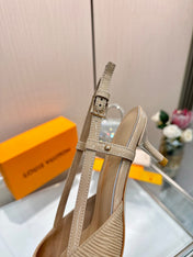 LV 26S SLINGBACK PUMPS 55 MM IN BEIGE BROWN FABRIC AND CALFSKIN