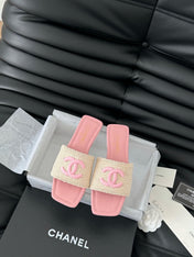 WOVEN SLIDE IN RAFFIA AND LIGHT PINK LAMBSKIN
