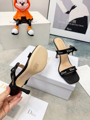 DIOR 26S HEELED SANDAL 95MM IN BLACK CALFSKIN WITH J'ADIOR STRAPS CANVAS