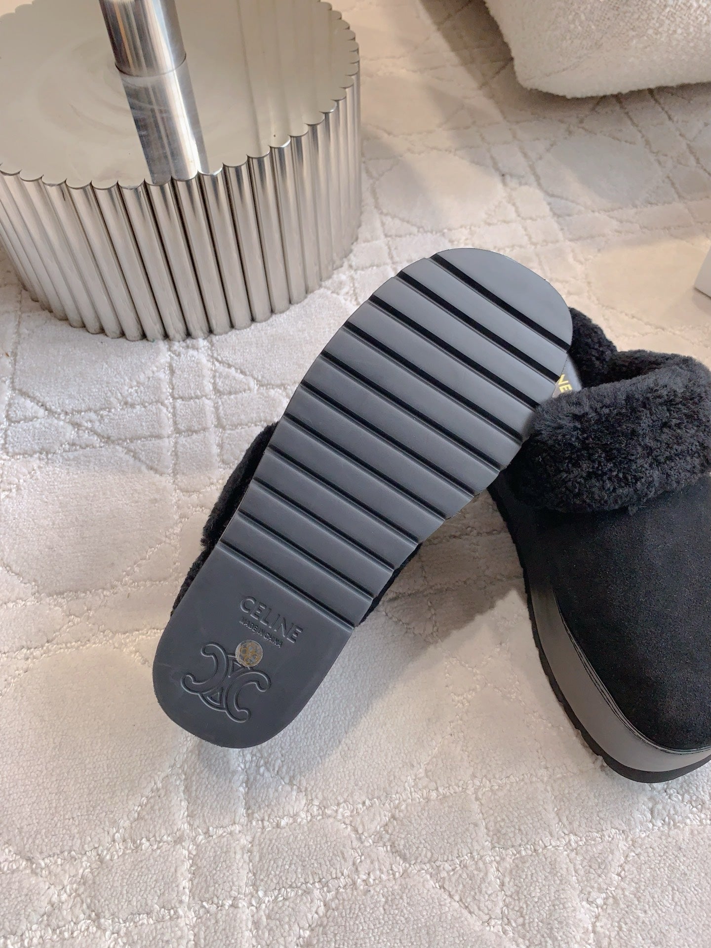 CELINE 25S DANA WEDGE MULE 70MM IN BLACK SUEDE CALFSKIN AND SHEARLING