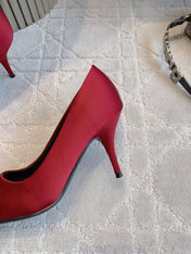 BALENCIAGA 25S POINTED-TOE HIGH HEELS 70 MM IN RED SATIN WITH GOLD HARDWARE