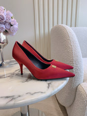 BALENCIAGA 25S POINTED-TOE HIGH HEELS 70 MM IN RED SATIN WITH GOLD HARDWARE
