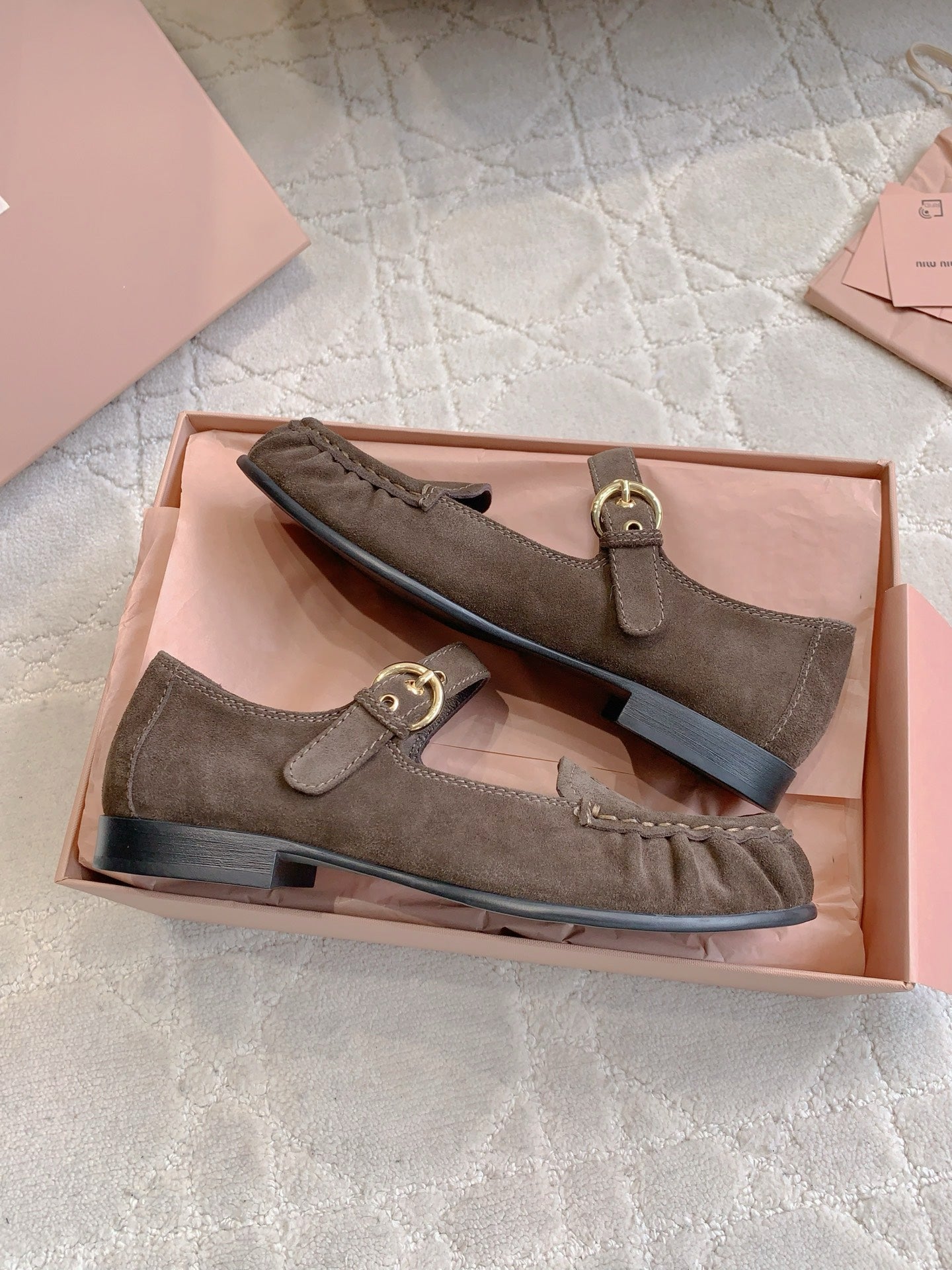 MIUMIU 26S LOAFERS IN BROWN SUEDE WITH STRAP